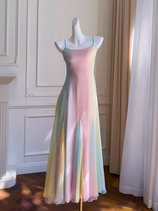 Beautiful A-Line Rainbow Ombre Spaghetti Straps Chiffon Long Prom Dress,Evening Dress GG1894