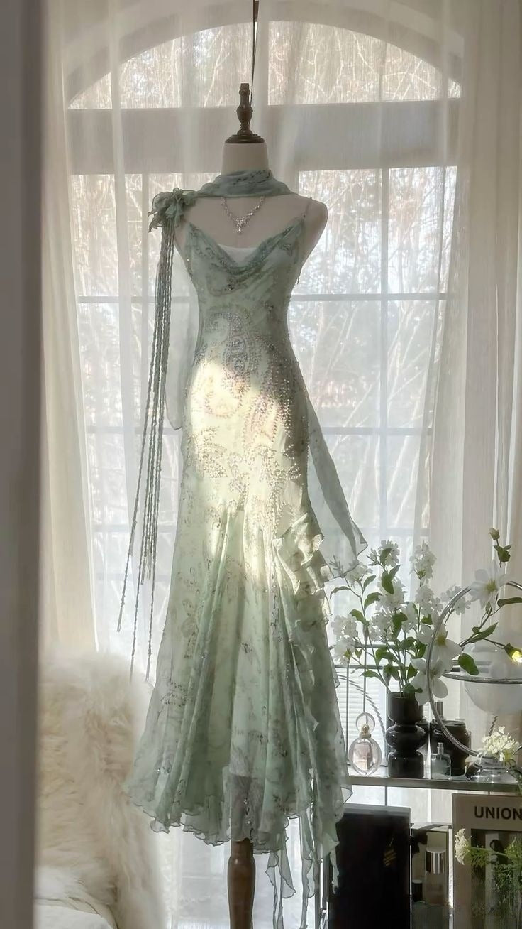 Fairy Mermaid Spaghetti Straps Chiffon Beaded Long Prom Dress,Evening Dress GG1912