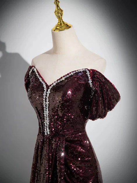 Shiny A Line Off The Shoulder Maroon Sequins Beaded Long Prom Dress, Maroon Simple Evening Dress GG191