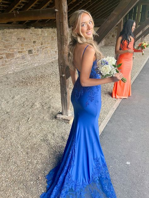 Pretty Mermaid Spaghetti Straps Royal Blue Satin Lace Applique Long Prom Dress,Evening Dress GG1928