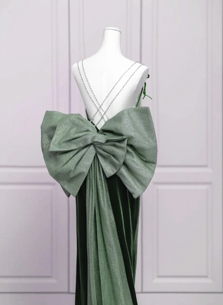 Elegant A Line Spaghetti Straps Green Velvet Low Back Bow,Long Prom Dress, Evening Dress GG194