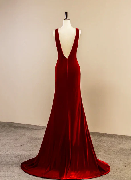 Sexy A Line V Neckline Wine Red Velvet Slit Long Prom Dress, Evening Dress GG196