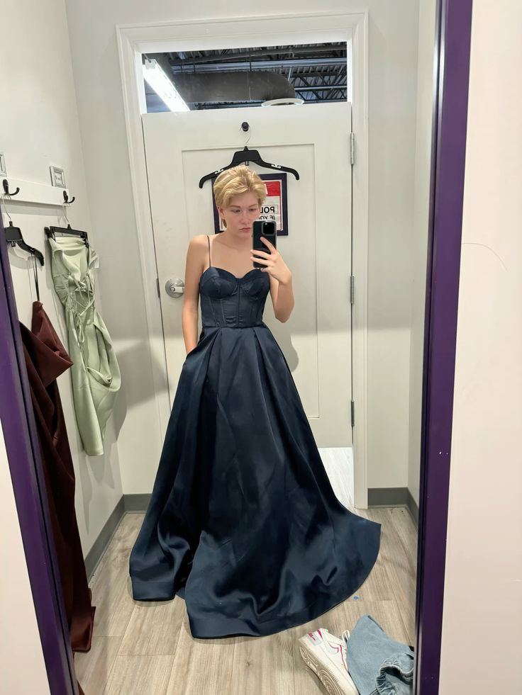 Simple A Line Spaghetti Straps Navy Satin With Pocket Long Prom Dress,Evening Dress GG1970