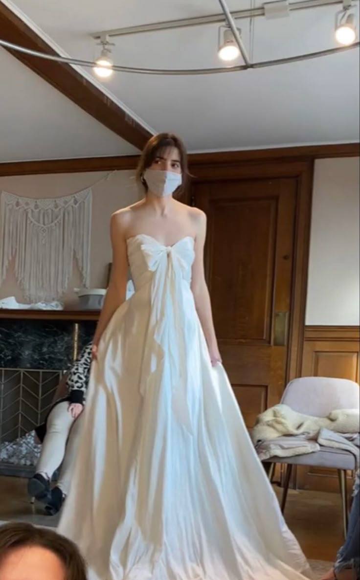 Sweet A Line Strapless White Bow Satin Long Prom Dress,Evening Dress GG1977