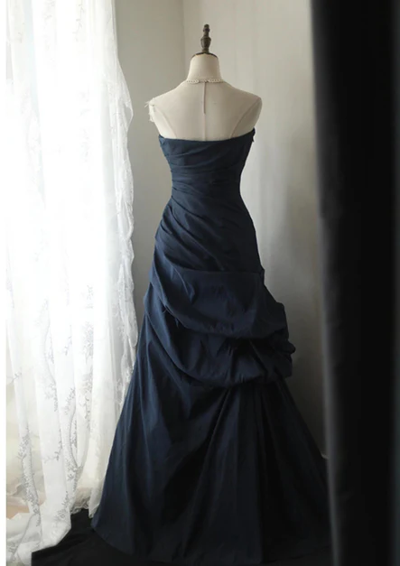 Elegant A Line Sweetheart Strapless Navy Blue Vintage Style Taffeta Long Prom Dress, Evening Dress GG197
