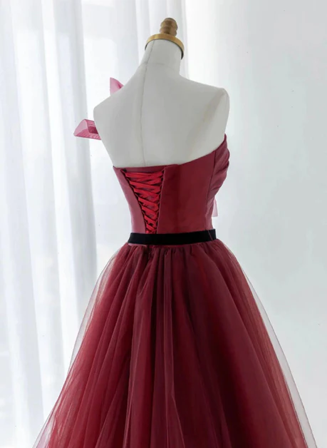 Elegant A Line Strapless Wine Red Tulle Black Belt Long Prom Dress, Evening Dress GG198