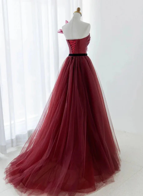 Elegant A Line Strapless Wine Red Tulle Black Belt Long Prom Dress, Evening Dress GG198