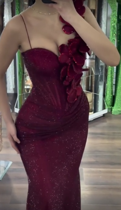 Glamorous Mermaid Spaghetti Straps Burgundy Sequin Flowers Long Prom Dress,Evening Dress GG1998