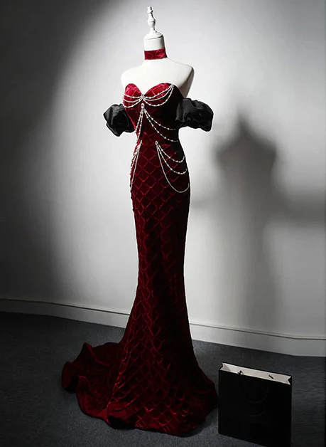 Exquisite Mermaid Sweetheart Off The Shoulder Wine Red Velvet Beaded Long Sweep Prom Dress, Evening Dress GG199