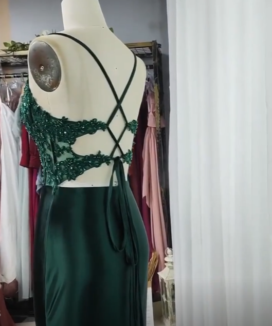 Gorgeous Mermaid Spaghetti Straps Dark Green Satin Slit Pleated Long Prom Dress,Evening Dress GG2019