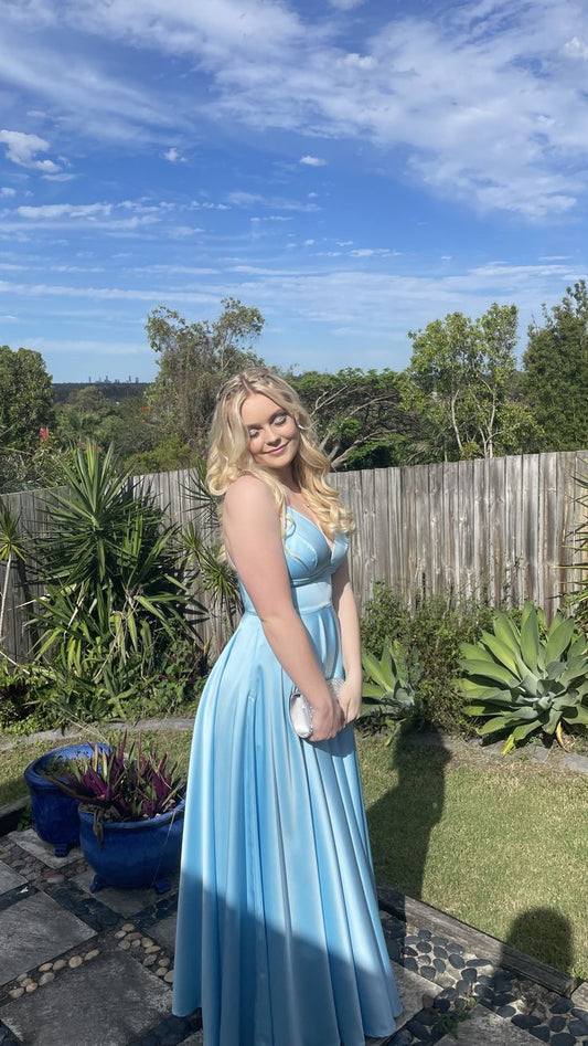 Simple A Line Spaghetti Straps Pale Blue Satin Long Prom Dress,Evening Dress GG2023