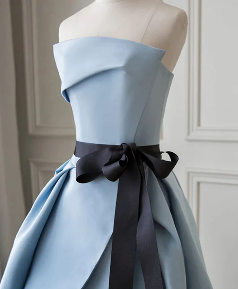 Elegant A Line Strapless Light Blue Satin Bow Belt Long Prom Dress, Evening Dress GG202