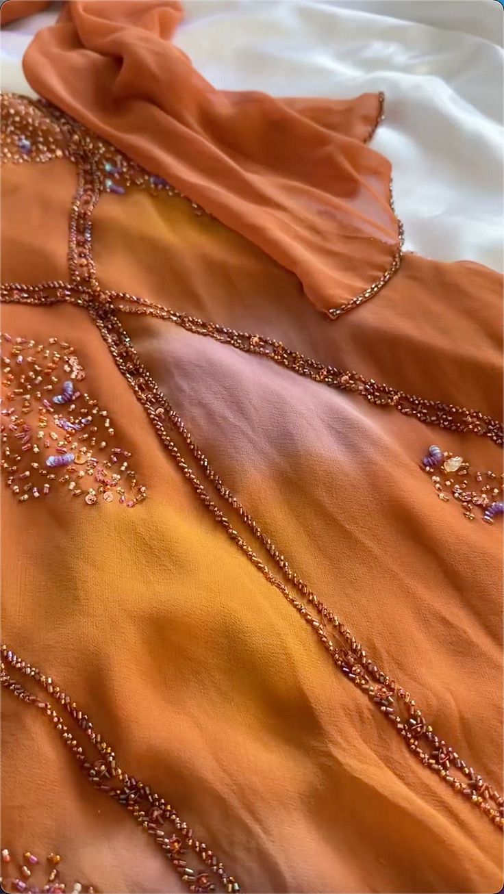 Chic A Line Spaghetti Straps Gradient Orange Chiffon Beaded Long Prom Dress,Evening Dress GG2030