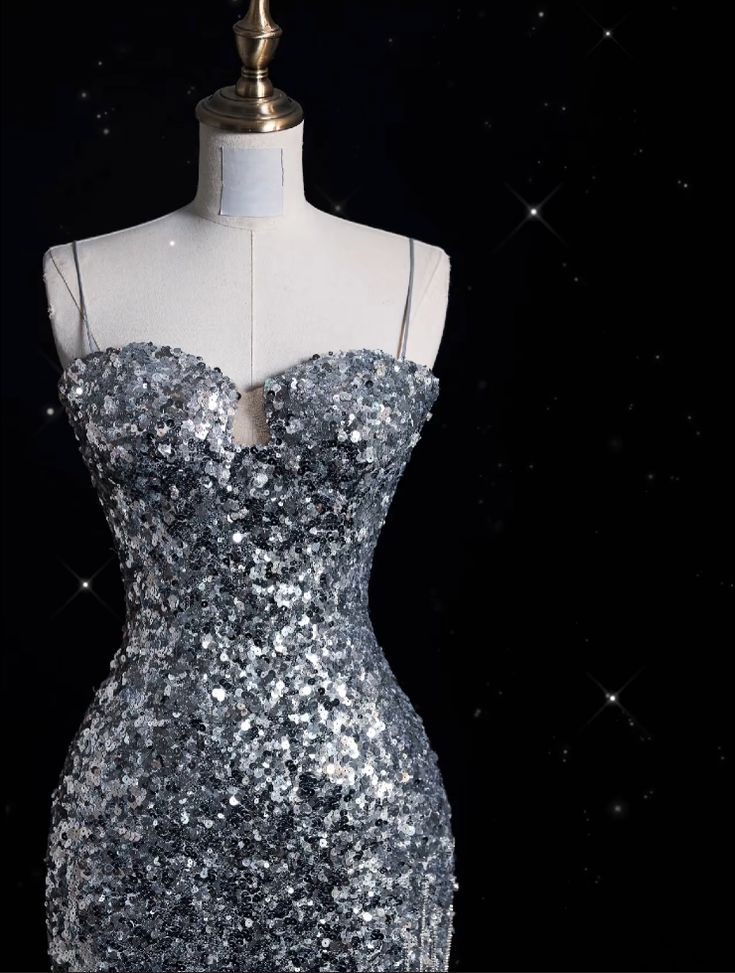 Sparkly Mermaid Spaghetti Straps Silver Sequin Slit Long Prom Dress,Evening Dress GG2048