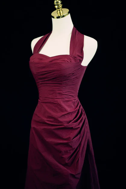 Elegant A Line Wine Red Halter Sweetheart Taffeta Fold Long Prom Dress, Evening Dress GG204