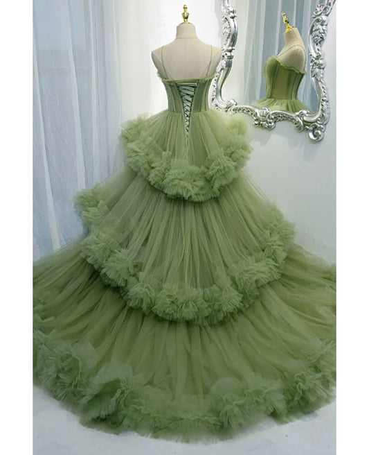 Pretty Ball Gown Spaghetti Straps Tulle Tiered Long Prom Dress,Wedding Dress,Evening Dress GG2060