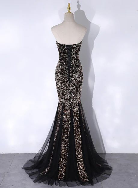 Exquisite Black Mermaid Strapless Sequins Tulle Long Prom Dress, Evening Dress GG207