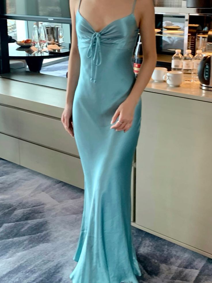 Inspo Mermaid Spaghetti Straps Turquoise Satin Long Prom Dress,Evening Dress GG2093