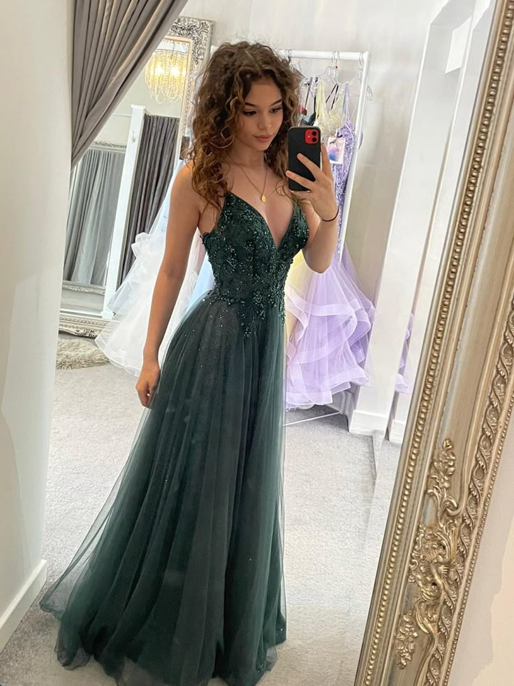 Elegant A Line Spaghetti Straps Dark Green Tulle Beaded Long Prom Dress,Evening Dress GG2109