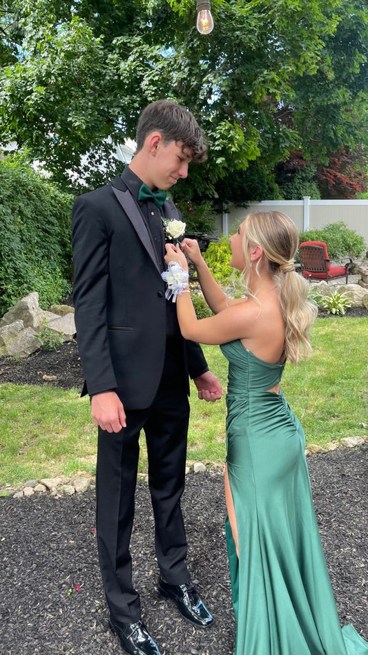 Classy Mermaid One Shoulder Dark Green Satin Pleated Slit Long Prom Dress,Evening Dress GG2142