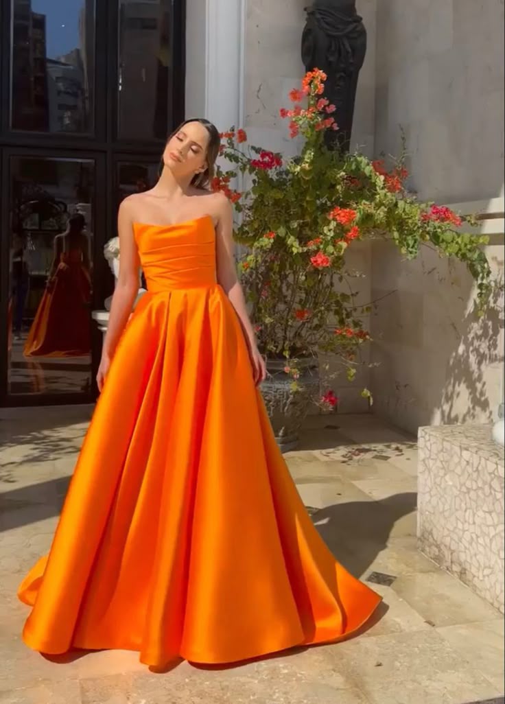 Unique A Line Strapless Orange Satin Long Prom Dress,Party Dress,Evening Dress GG2161