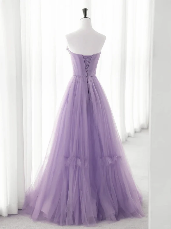 ELegant A Line Strapless Light Purple Tulle With Flowers Long Prom Dress,Evening Dress GG317