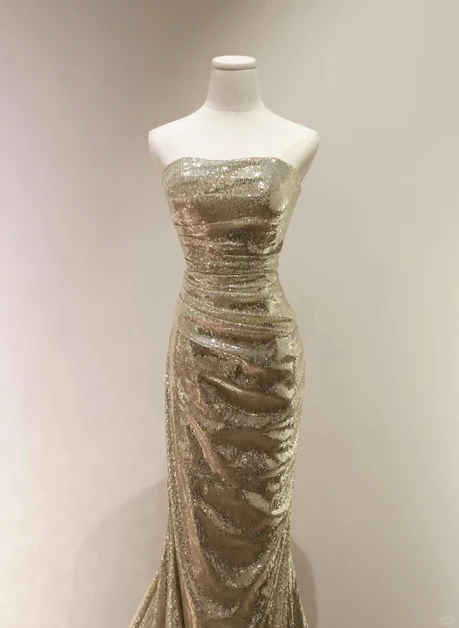 Chic Mermaid Strapless Sequins Gold Sweep Long Prom Dress, Evening Dresses GG218