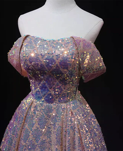 Glitter Pink A Line Off The Shoulder Strapless Sequins Long Prom Dress, Evening Dresses GG219