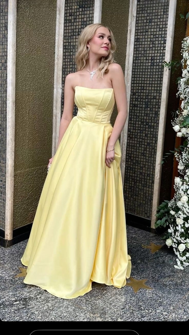 Elegant A Line Strapless Pastel Yellow Satin Long Prom Dress,Party Dress,Evening Dress GG2209