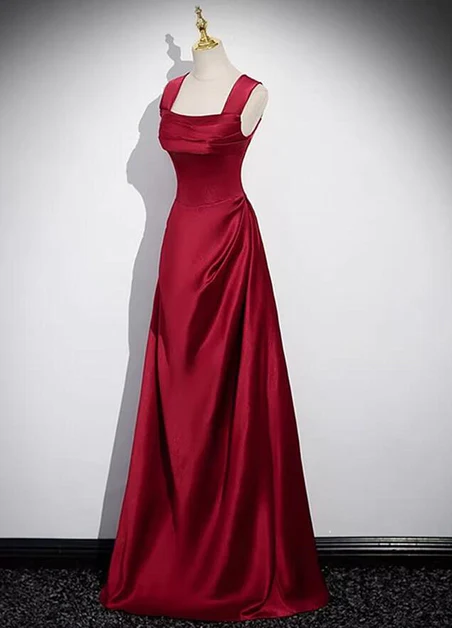 Elegant A Line Square Wine Red Straps Satin Long Prom Dress,Evening Dresses GG220