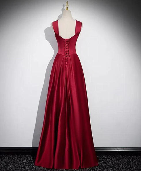 Elegant A Line Square Wine Red Straps Satin Long Prom Dress,Evening Dresses GG220