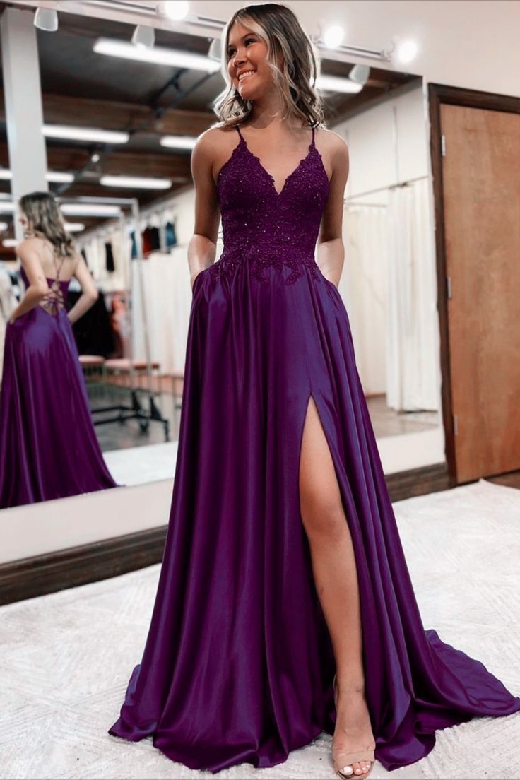 Sexy A Line Spaghetti Straps Dark Purple Satin Beaded Slit With Pocket Long Prom Dress,Party Dress,Evening Dress GG2212