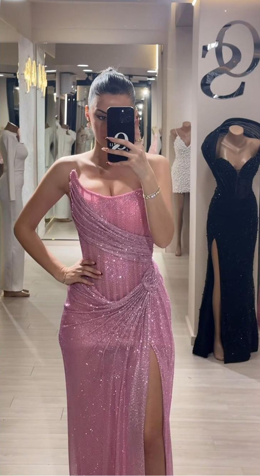 Glitter Mermaid Strapless Pink Tulle Sequin Slit Long Prom Dress,Party Dress,Evening Dress GG2222