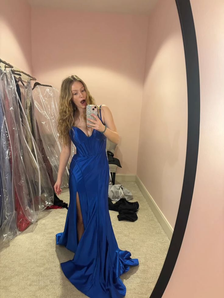 Classy Mermaid Spaghetti Straps Blue Satin Slit Long Prom Dress,Party Dress,Evening Dress GG2223