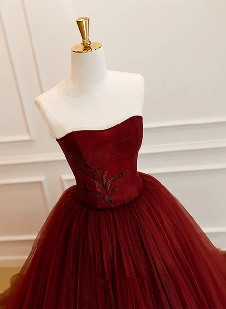 Elegant A Line Sweetheart Wine Red Embroidery Tulle Long Prom Dresses,Evening Dresses GG223