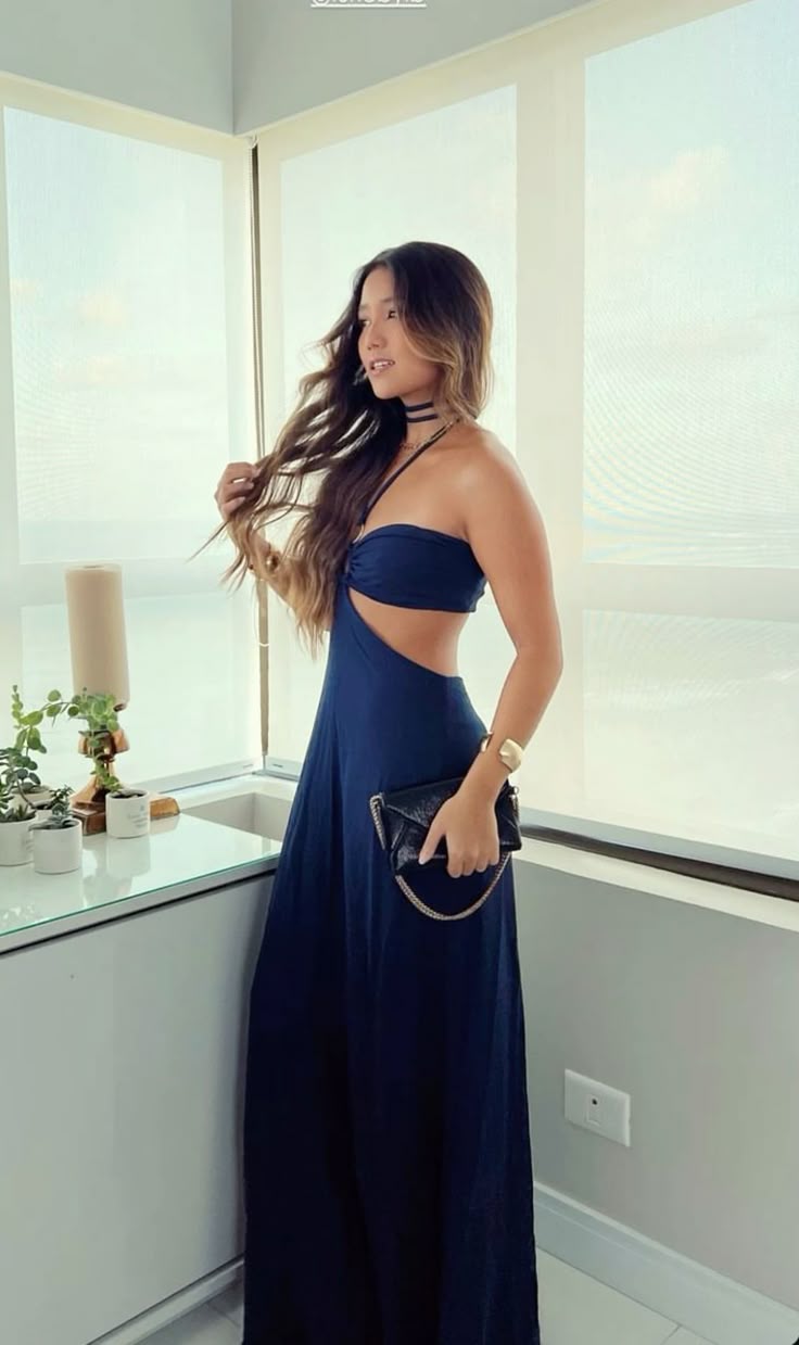 Classy A Line Halter Navy Elastic Satin Long Prom Dress,Party Dress,Evening Dress GG2265