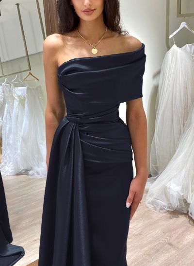 Elegant Mermaid One Shoulder Navy Satin Pleated Long Prom Dress,Party Dress,Evening Dress GG2277