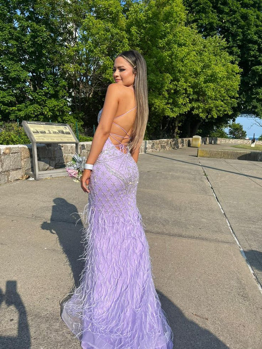 Gorgeous Mermaid Halter Lilac Tulle Sequin Long Prom Dress,Party Dress,Evening Dress GG2282