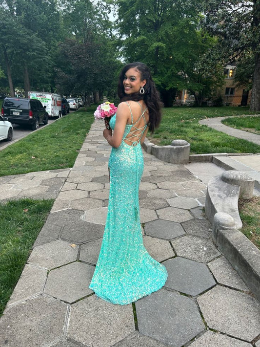 Senior Mermaid Spaghetti Straps Satin Sequin Slit Long Prom Dress,Party Dress,Evening Dress GG2283