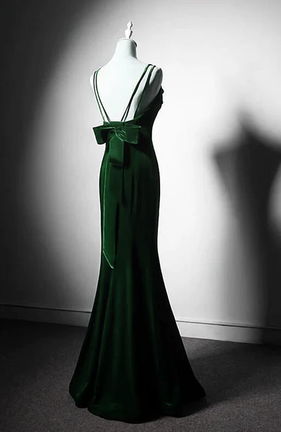 Lovely Mermaid Green Spaghetti Straps Low Back Velvet Bow Long Prom Dress, Evening Dresses GG233