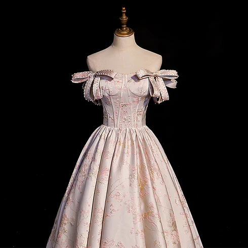 Exquisite A Line Off The Shoulder Pink Sweetheart Statin Applique Floral Long Prom Dress, Evening Dress GG234