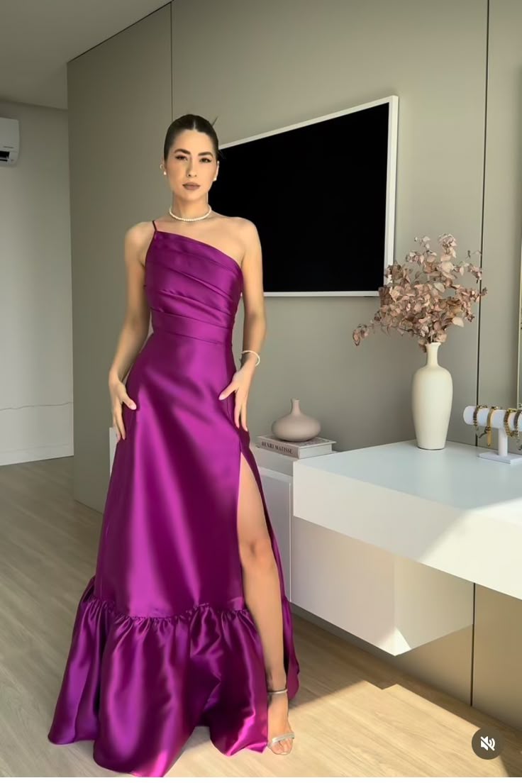 Elegant A Line One Shoulder Satin Slit Long Prom Dress,Party Dress,Evening Dress GG2376