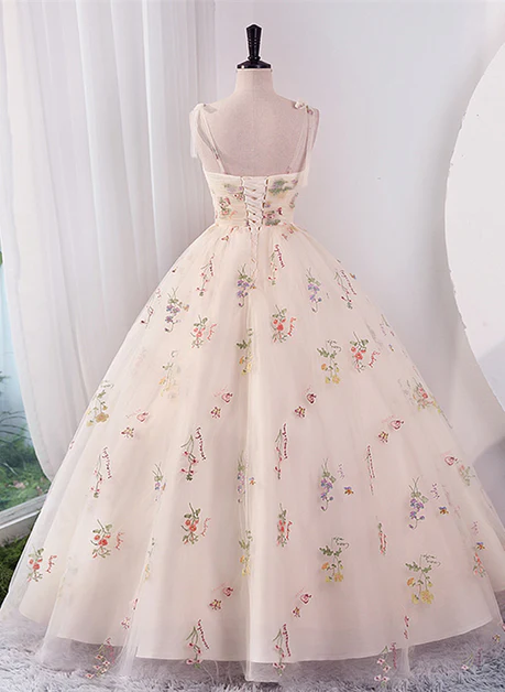 Sweet A Line Spaghetti Straps Lvory Floral Tulle Ball Gown Long Prom Dress,Evening Dress GG238