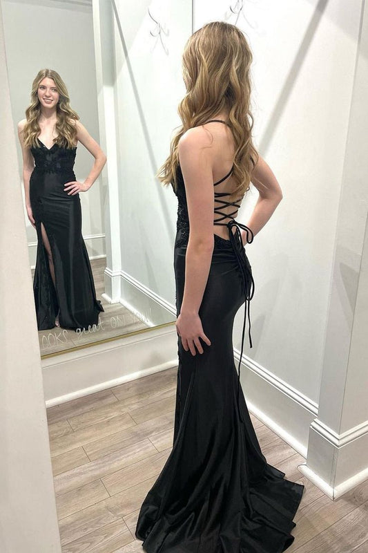 Classy Mermaid Spaghetti Straps Black Satin Applique Slit Long Prom Dress,Party Dress,Evening Dress GG2392