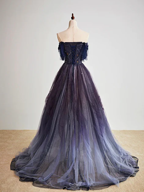 Chic A Line Sweetheart Purple Tulle Gradient With Beadings Long Prom Dresses,Purple Evening Dress GG241