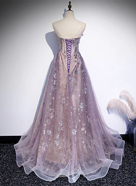 Chic A Line Sweetheart Light Purple Sequins Tulle With Lace Long Prom Dresses, Evening Dress GG242