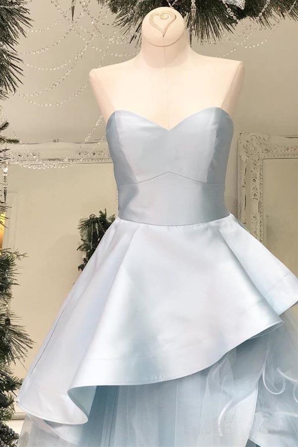 Cute A Line Strapless Pale Blue Satin Tulle Long Prom Dress, Party Dress, Evening Dress GG2430