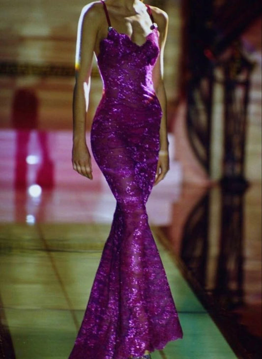 Sexy Mermaid Spaghetti Straps Purple Lace Applique Long Prom Dress, Party Dress, Evening Dress GG2463