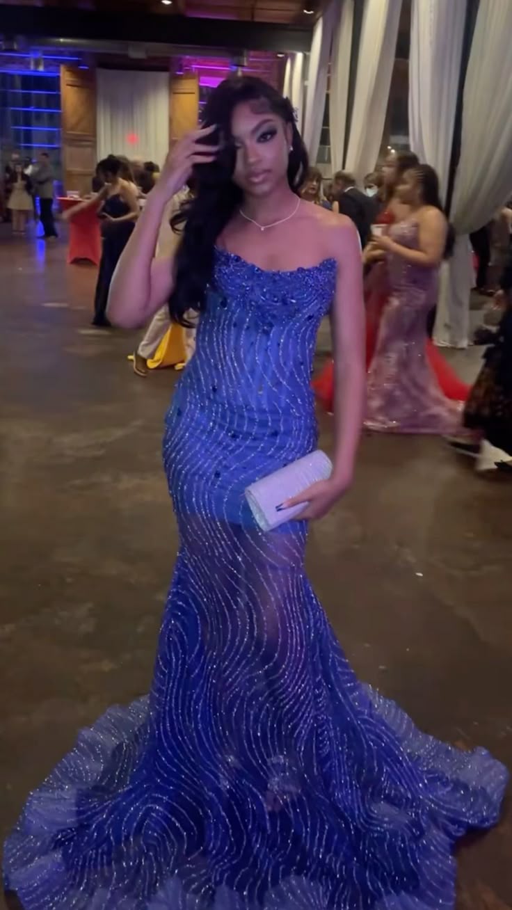 Gorgeous Blue Mermaid Strapless Tulle Sequin Long Prom Dress, Party Dress, Evening Dress GG2464