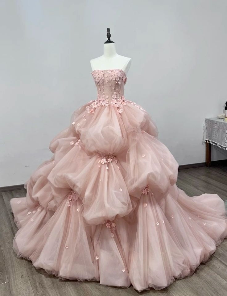 Gorgeous Ball Gown Strapless Pink Tulle Applique Long Prom Dress, Party Dress, Evening Dress GG2472